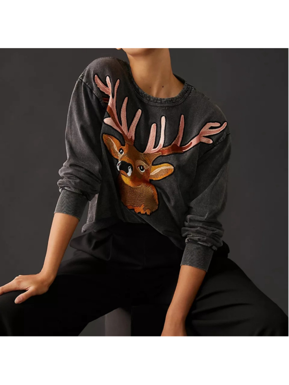 Tiny Anthropologie Embroidered Reindeer Crewneck Sweatshirt Cutoff Womens Large